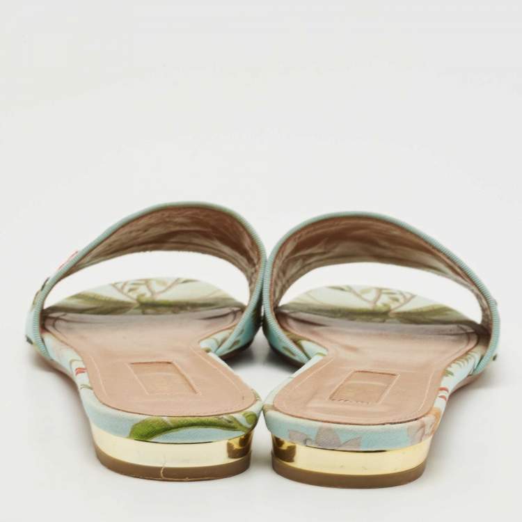 Pre Owned Aquazzura Green Brocade Fabric Slide Flats Size 37.5