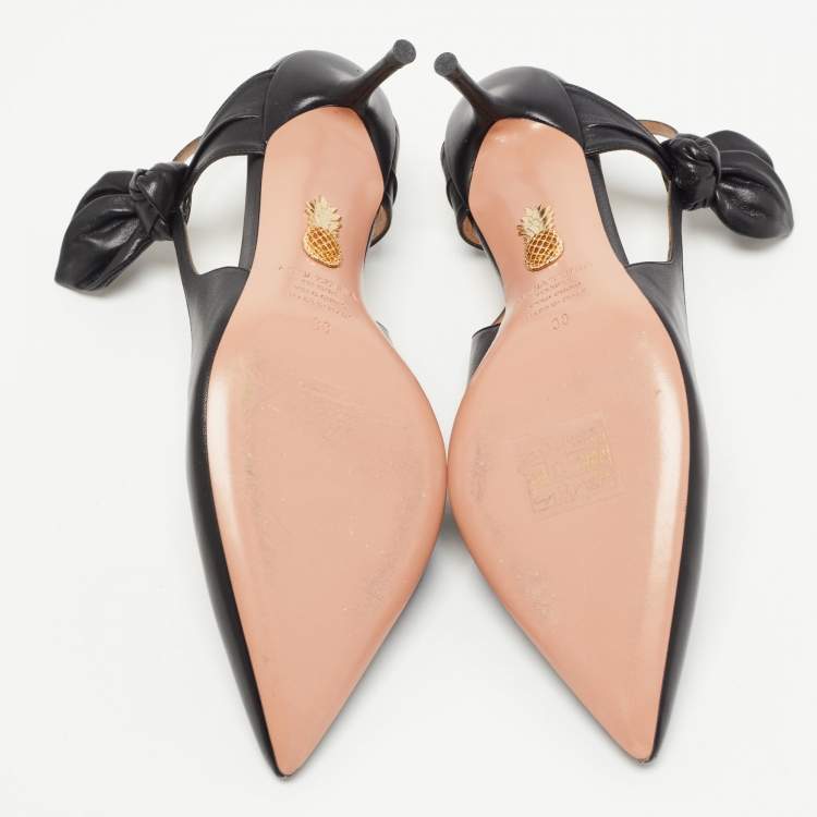 Pre Owned Aquazzura Black Leather Bow Slingback Pumps Size 38 