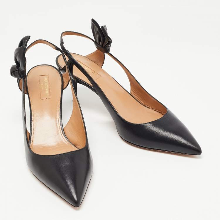 Pre Owned Aquazzura Black Leather Bow Slingback Pumps Size 38 