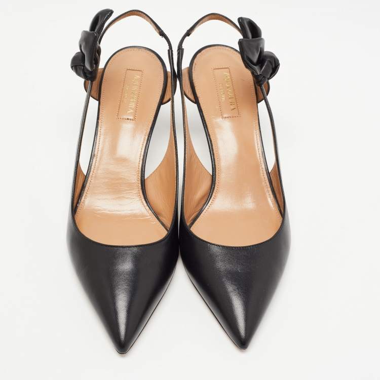 Pre Owned Aquazzura Black Leather Bow Slingback Pumps Size 38 
