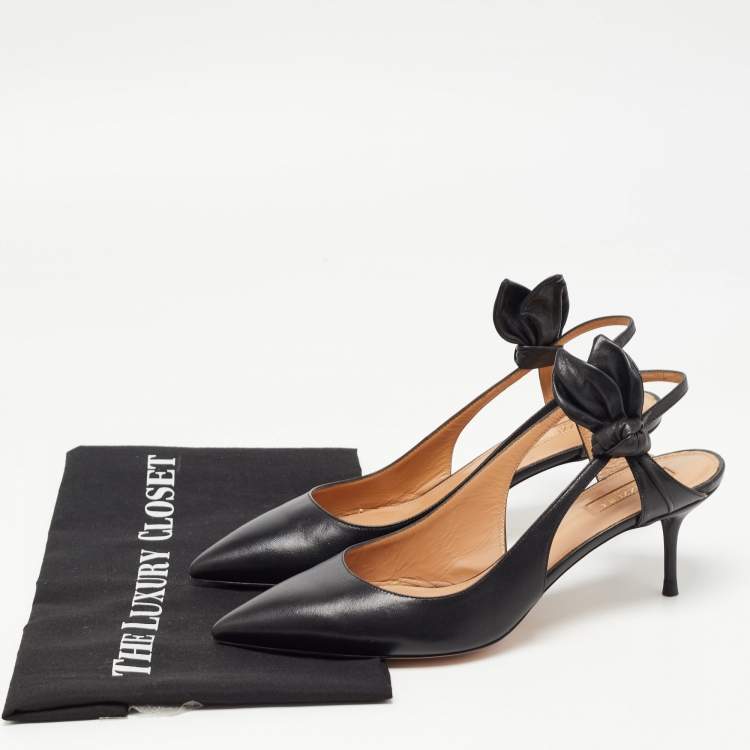 Pre Owned Aquazzura Black Leather Bow Slingback Pumps Size 38 