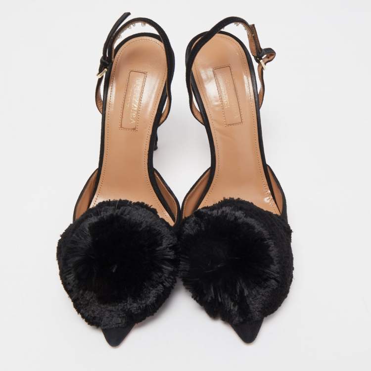 Pre Owned Aquazzura Black Suede Powder Puff Pointed Toe Slingback Pumps Size 37