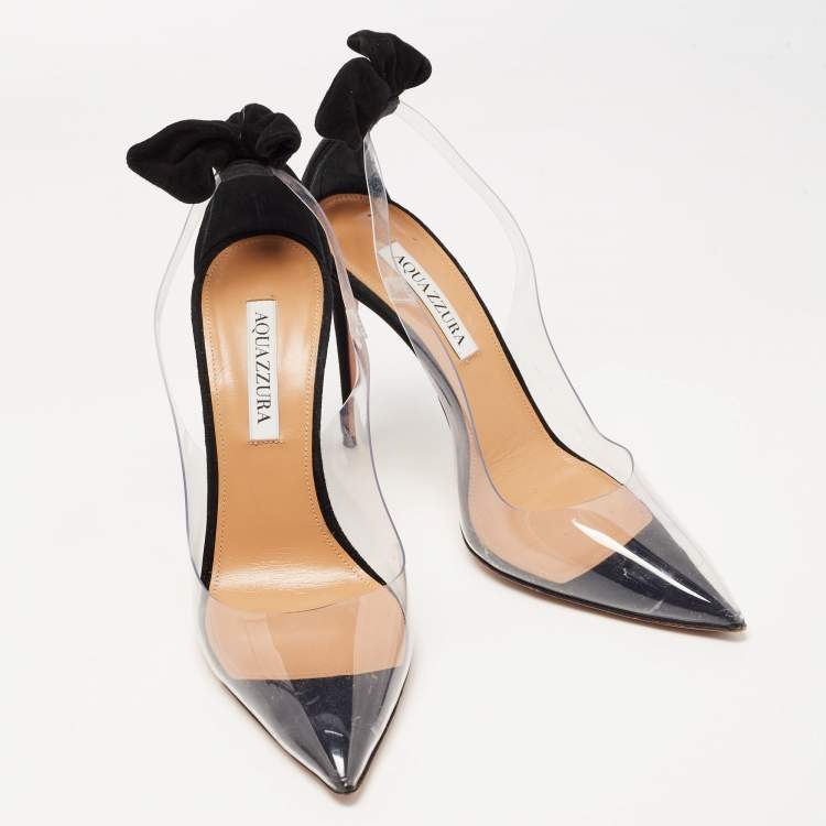 مملوكة مسبقًا Aquazzura Black Suede and PVC Bow Tie Plexi Pumps Size 39