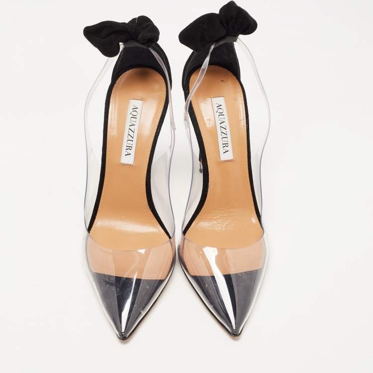 مملوكة مسبقًا Aquazzura Black Suede and PVC Bow Tie Plexi Pumps Size 39