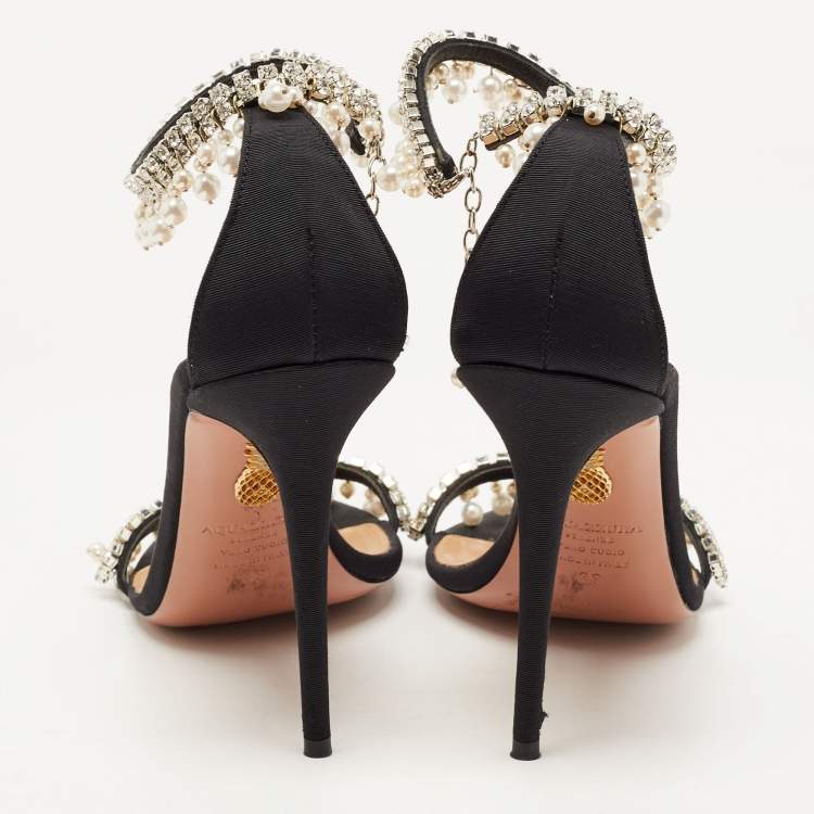 Pre Owned Aquazzura Black Canvas Crystal and Faux Pearl Embellished Ankle Strap Sandals Size 39