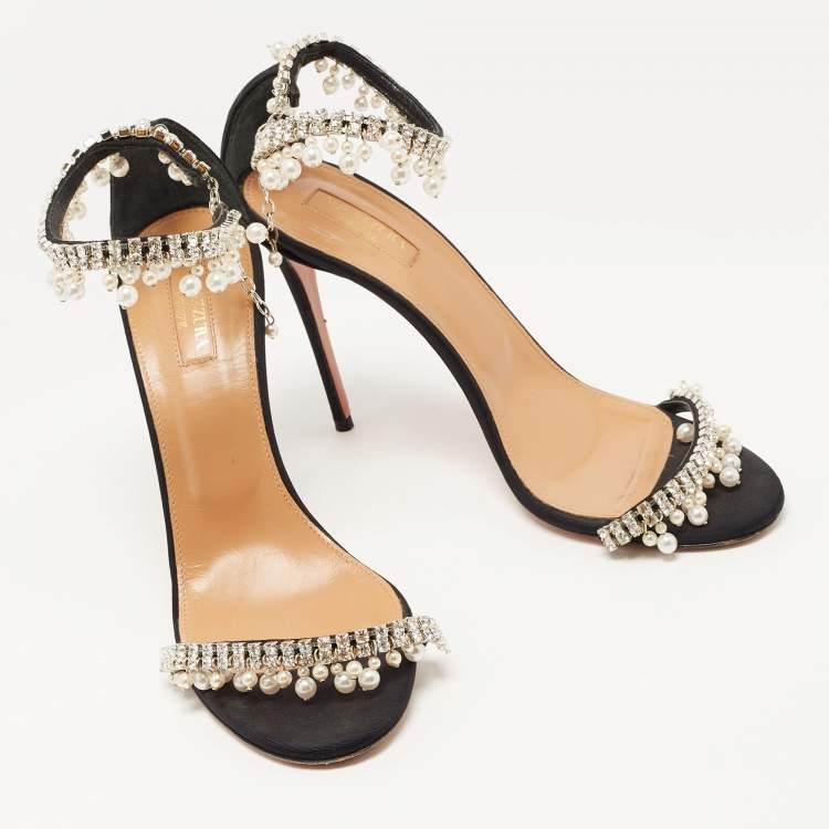Pre Owned Aquazzura Black Canvas Crystal and Faux Pearl Embellished Ankle Strap Sandals Size 39