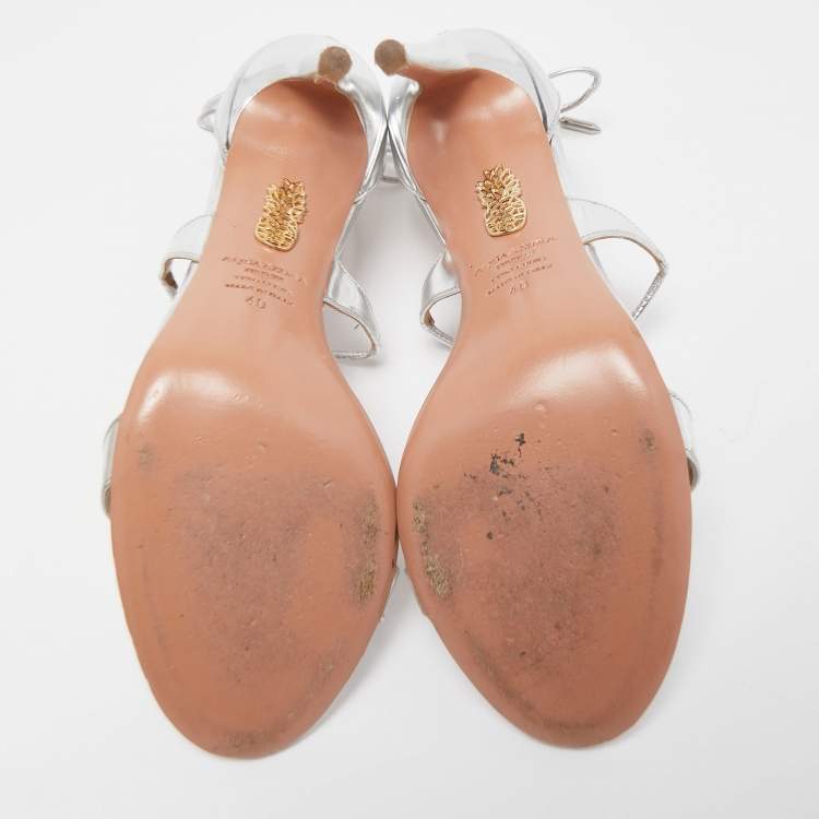 Pre Owned Aquazzura Silver Leather Linda Ankle Tie Sandals Size 40