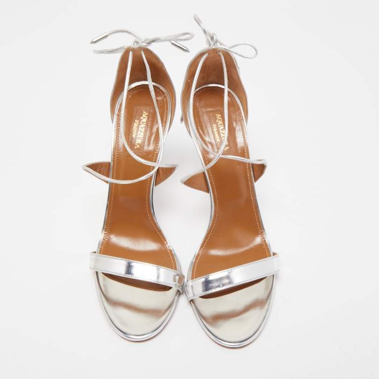 Pre Owned Aquazzura Silver Leather Linda Ankle Tie Sandals Size 40