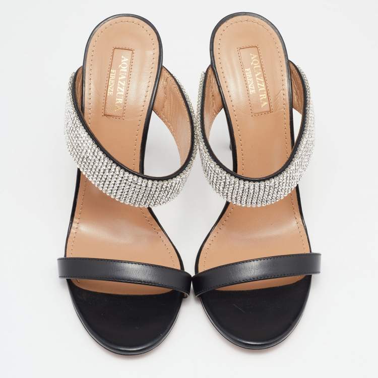 Pre Owned Aquazzura Black Leather and Crystals Embellished Slide Sandals Size 37