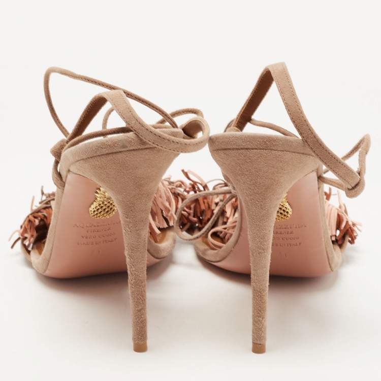 مملوكة مسبقًا Aquazzura Brown Suede Fringed Wild Thing  Ankle Strap Sandals Size 41