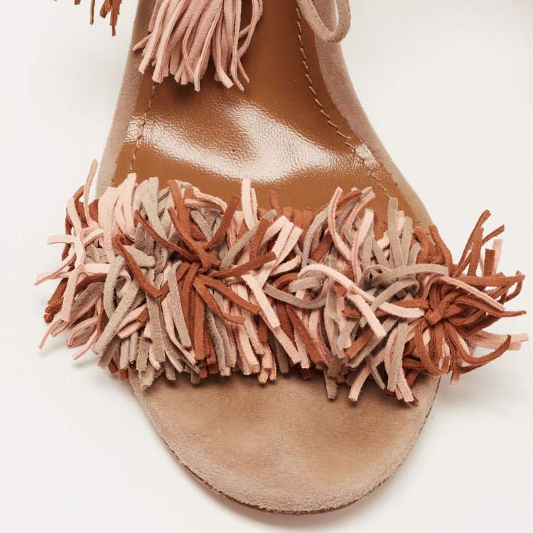 مملوكة مسبقًا Aquazzura Brown Suede Fringed Wild Thing  Ankle Strap Sandals Size 41