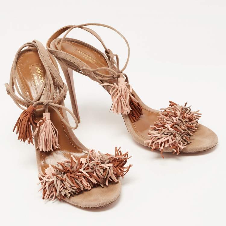مملوكة مسبقًا Aquazzura Brown Suede Fringed Wild Thing  Ankle Strap Sandals Size 41