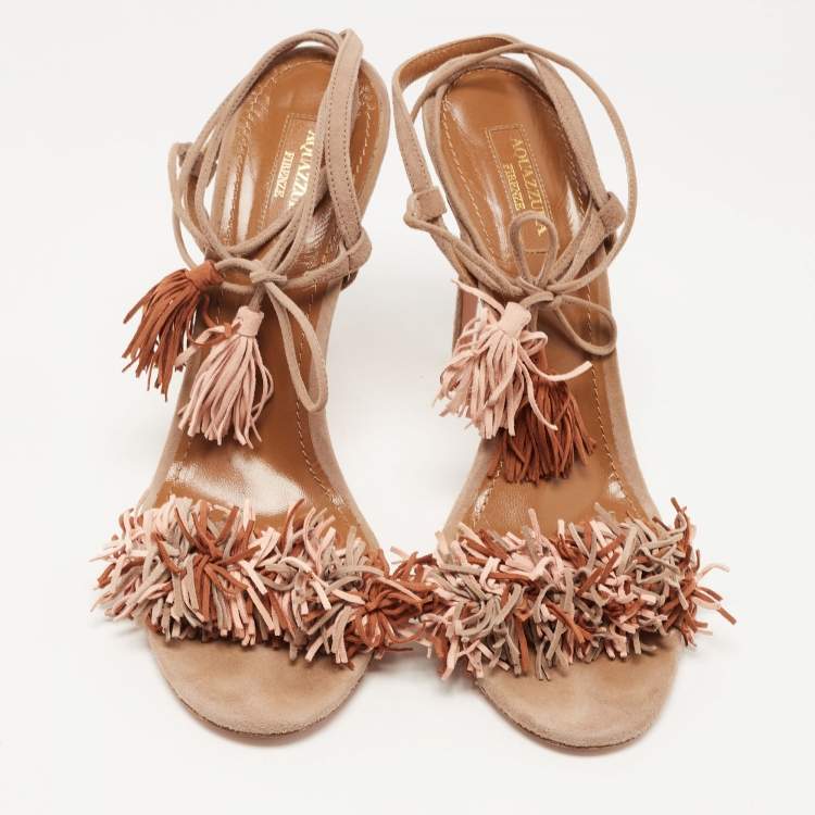 مملوكة مسبقًا Aquazzura Brown Suede Fringed Wild Thing  Ankle Strap Sandals Size 41