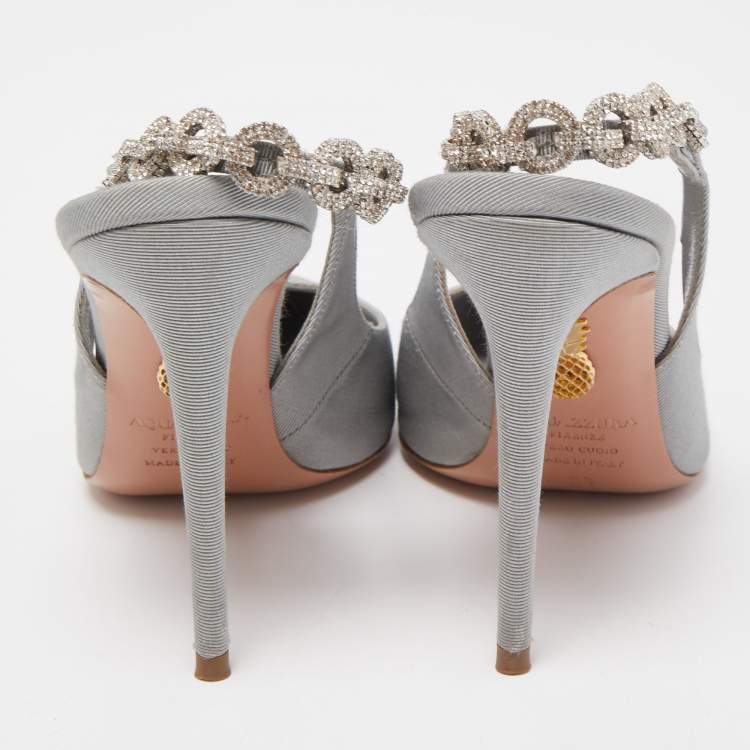 Pre Owned Aquazzura Grey Canvas Love Link Slingback Pumps Size 36