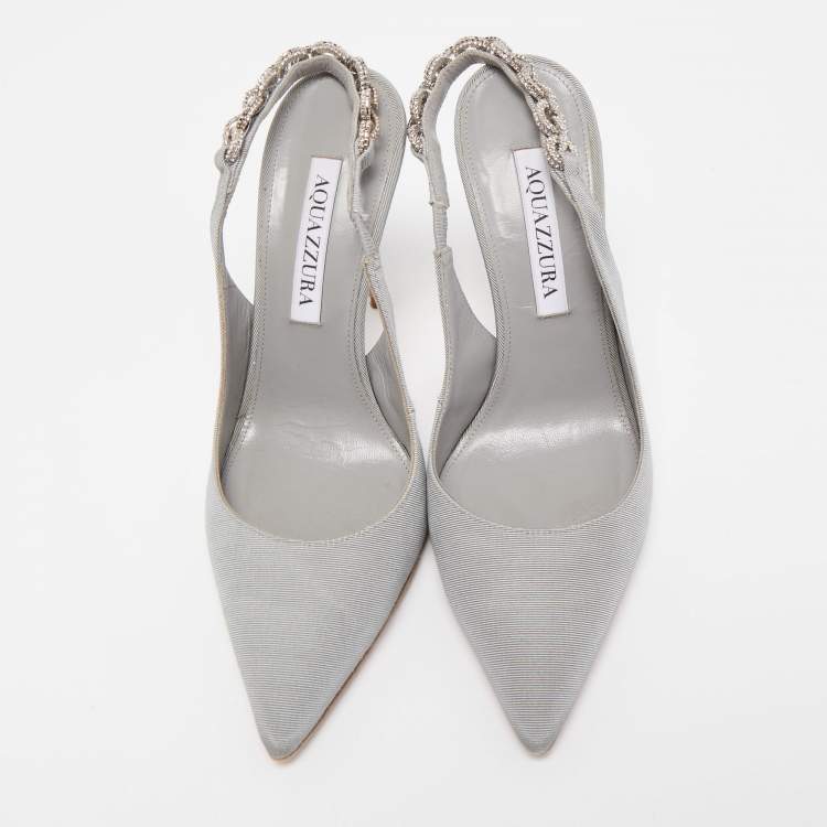 Pre Owned Aquazzura Grey Canvas Love Link Slingback Pumps Size 36