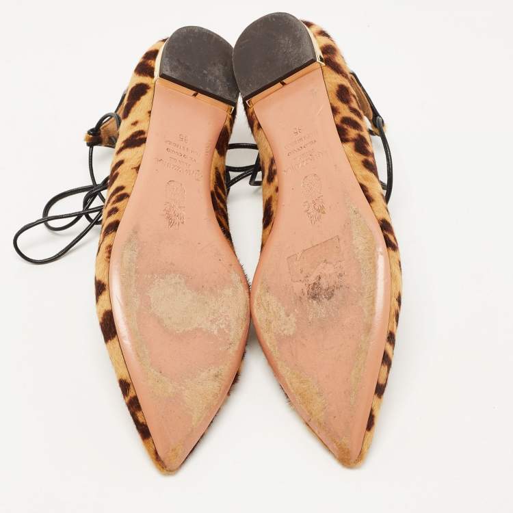Pre Owned Aquazzura Brown Leopard Print Calf Hair Christy Ballet Flats Size 35