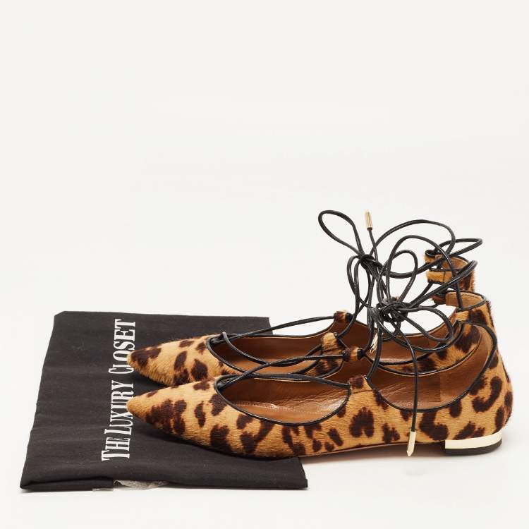 Pre Owned Aquazzura Brown Leopard Print Calf Hair Christy Ballet Flats Size 35