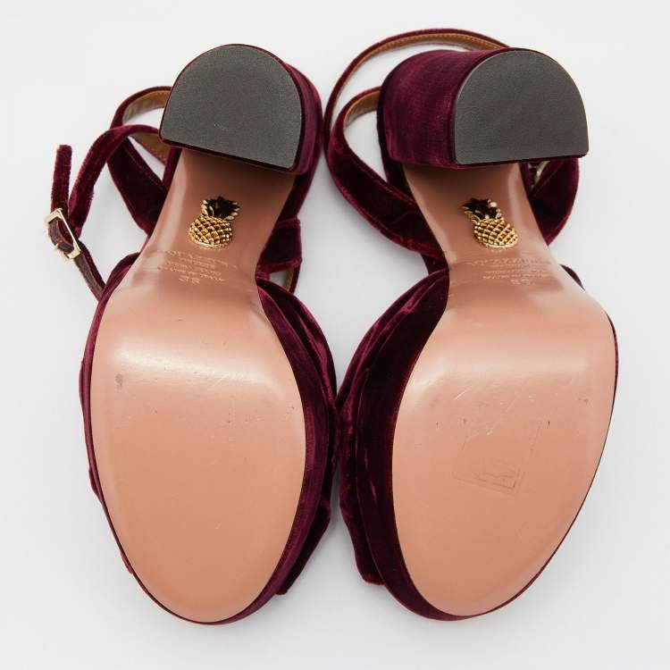 Pre Owned Aquazzura Burgundy Velvet Mira Block Heel Platform Ankle Strap Sandals Size 36