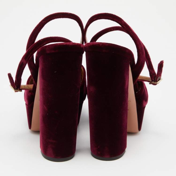 Pre Owned Aquazzura Burgundy Velvet Mira Block Heel Platform Ankle Strap Sandals Size 36