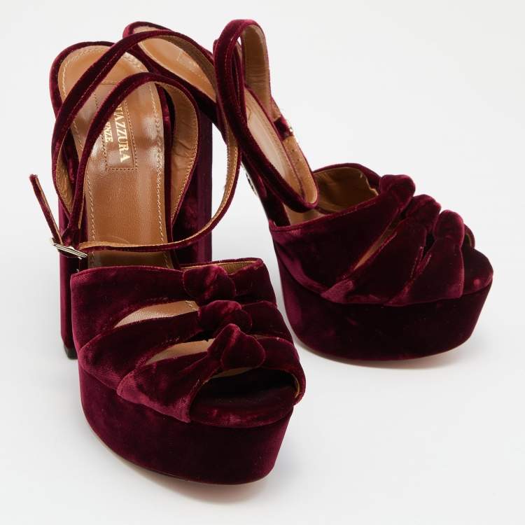 Pre Owned Aquazzura Burgundy Velvet Mira Block Heel Platform Ankle Strap Sandals Size 36