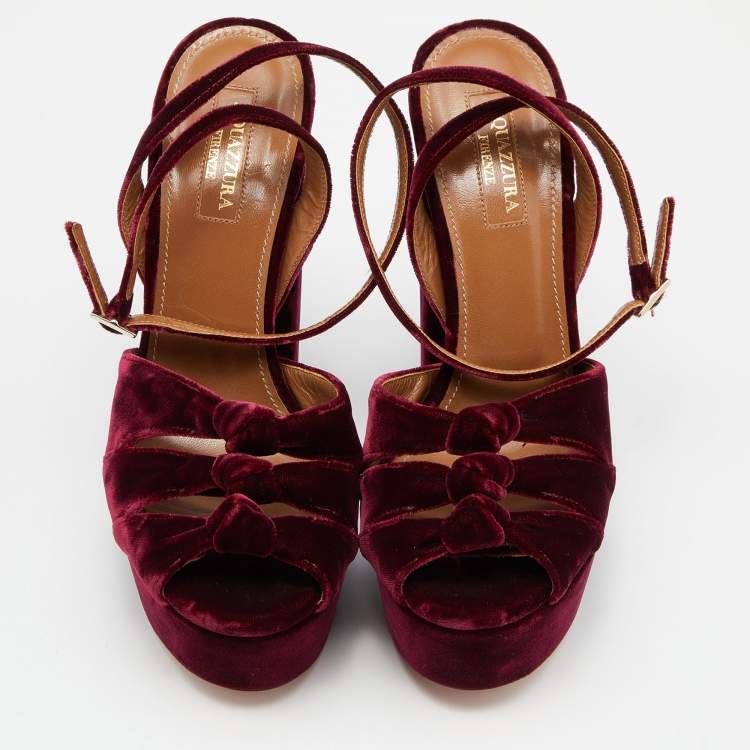 Pre Owned Aquazzura Burgundy Velvet Mira Block Heel Platform Ankle Strap Sandals Size 36
