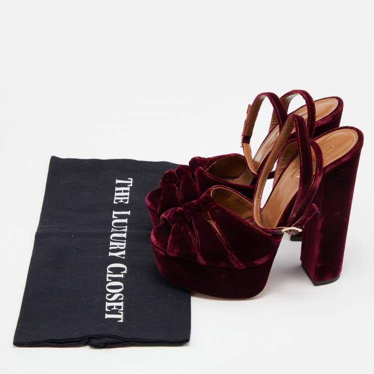 Pre Owned Aquazzura Burgundy Velvet Mira Block Heel Platform Ankle Strap Sandals Size 36