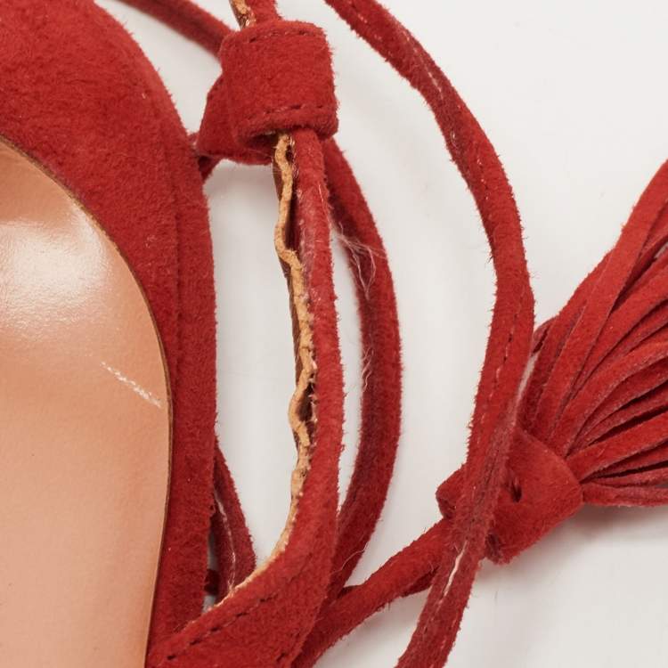 مملوكة مسبقًا Aquazzura Red Suede Wild Thing Ankle Tie Sandals Size 38