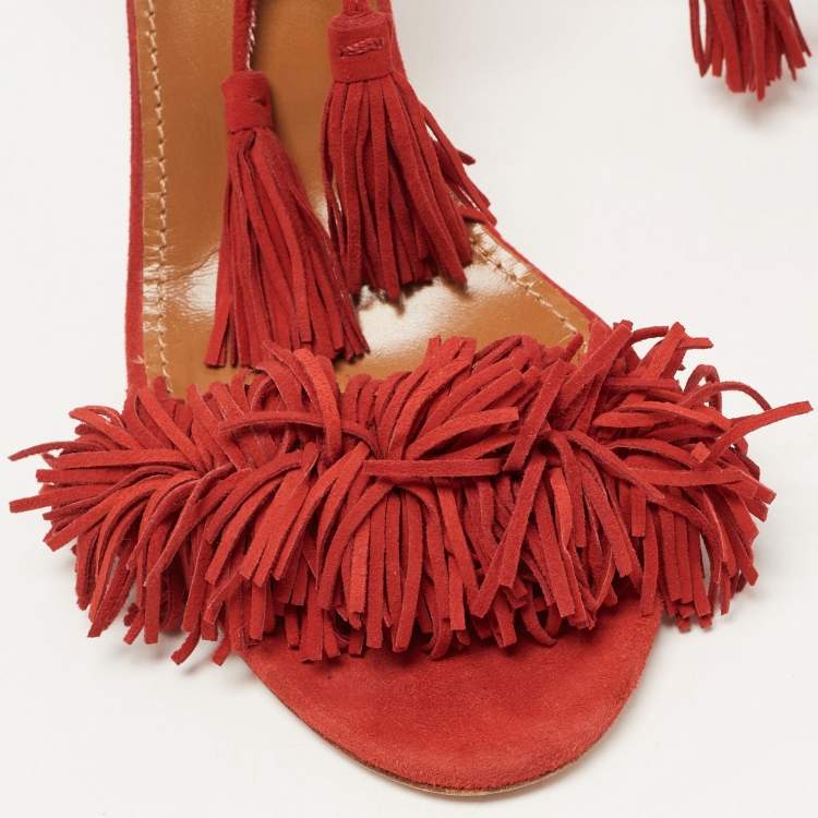 مملوكة مسبقًا Aquazzura Red Suede Wild Thing Ankle Tie Sandals Size 38