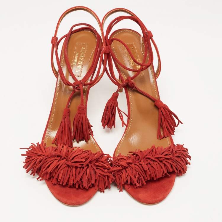 مملوكة مسبقًا Aquazzura Red Suede Wild Thing Ankle Tie Sandals Size 38