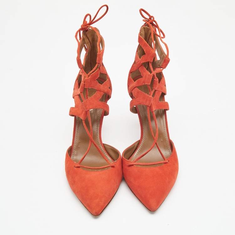 Pre Owned Aquazzura Orange Suede Belgravia Lace up Pumps Size 38