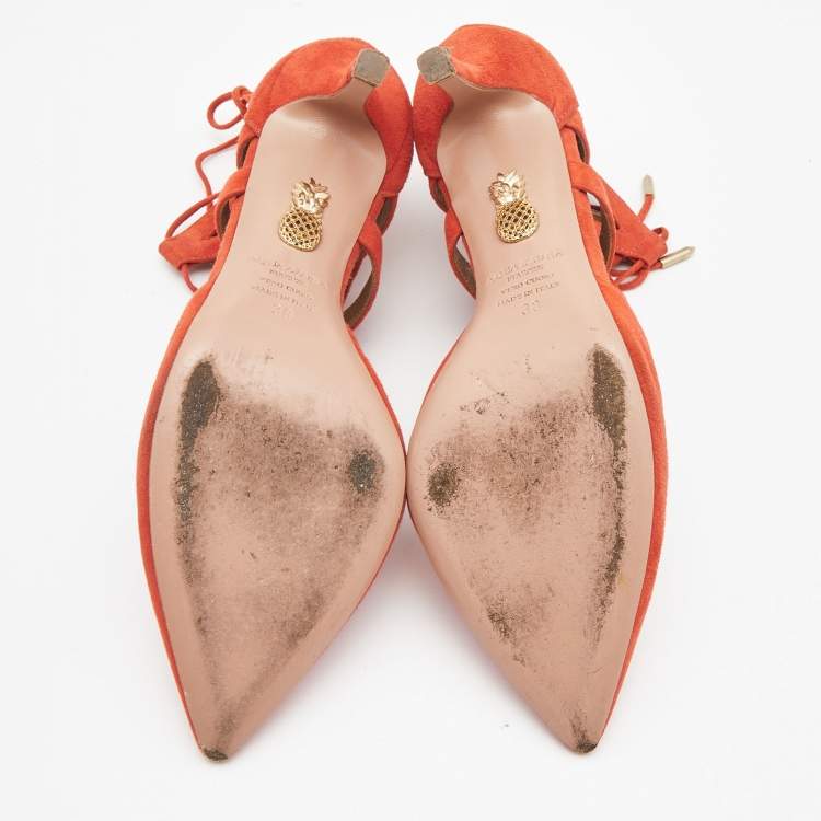 Pre Owned Aquazzura Orange Suede Belgravia Lace up Pumps Size 38