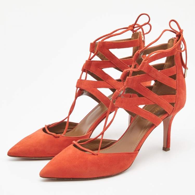 Pre Owned Aquazzura Orange Suede Belgravia Lace up Pumps Size 38