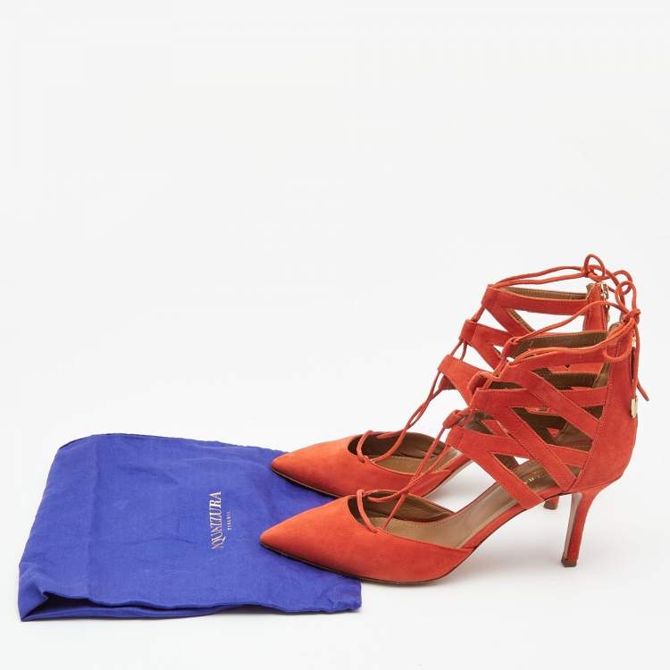 Pre Owned Aquazzura Orange Suede Belgravia Lace up Pumps Size 38