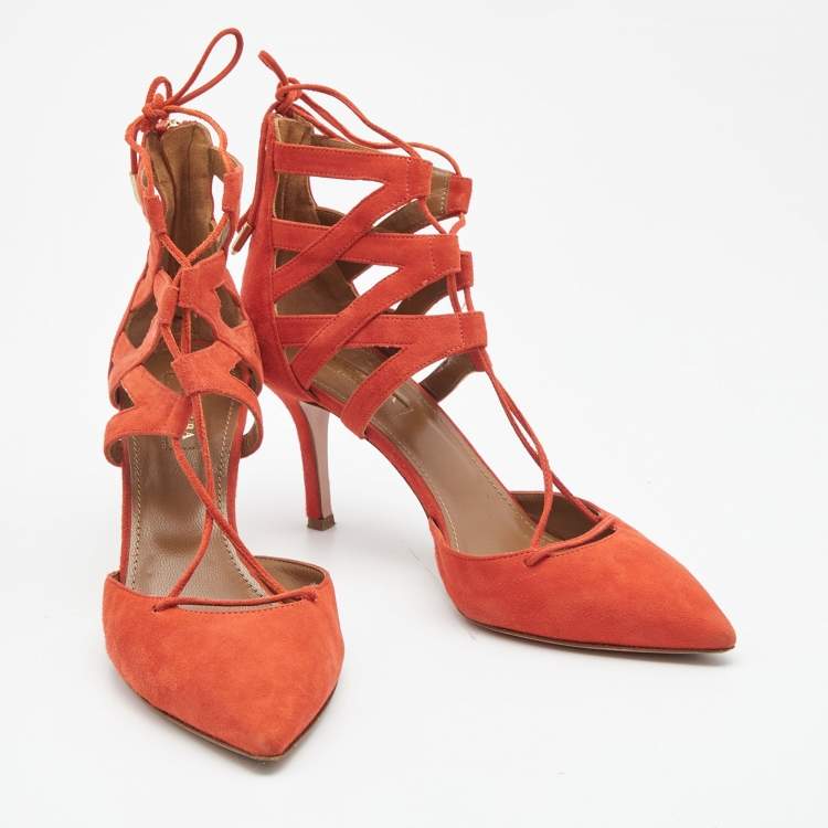 Pre Owned Aquazzura Orange Suede Belgravia Lace up Pumps Size 38