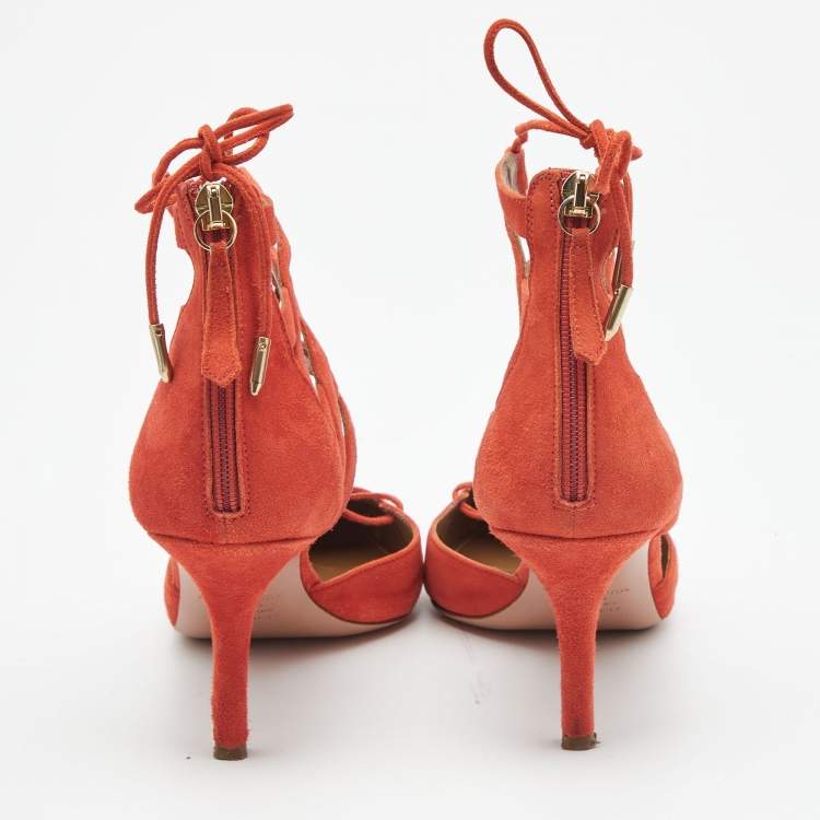 Pre Owned Aquazzura Orange Suede Belgravia Lace up Pumps Size 38