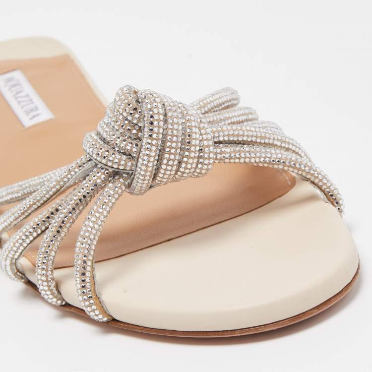 مملوكة مسبقًا Aquazzura Silver Leather Crystal Embellished Celeste Slide Flats Size 40 