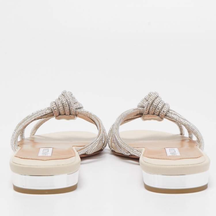 مملوكة مسبقًا Aquazzura Silver Leather Crystal Embellished Celeste Slide Flats Size 40 