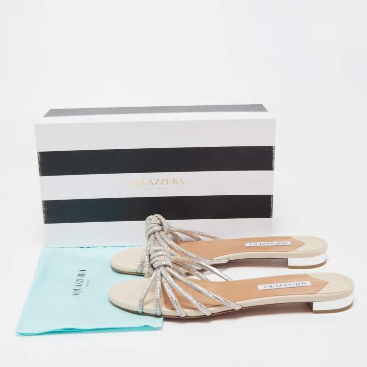مملوكة مسبقًا Aquazzura Silver Leather Crystal Embellished Celeste Slide Flats Size 40 