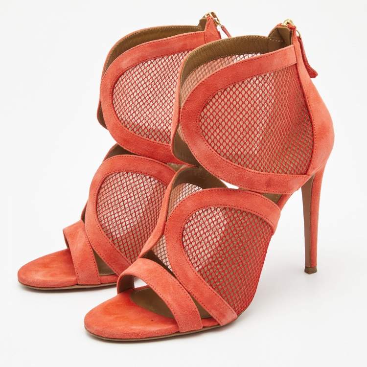 Pre Owned Aquazzura Coral Pink Suede and Mesh Cut Out Ankle Sandals Size 38.5