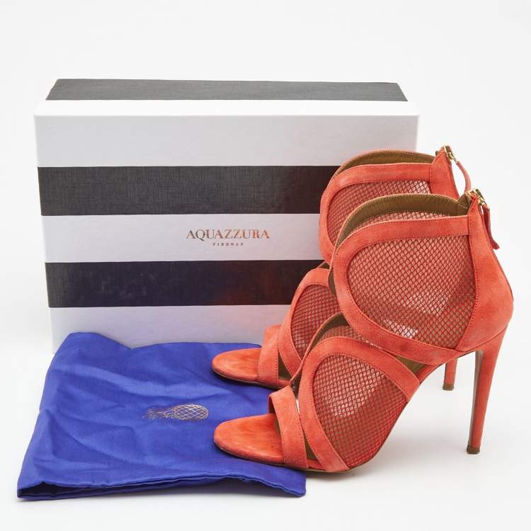 Pre Owned Aquazzura Coral Pink Suede and Mesh Cut Out Ankle Sandals Size 38.5