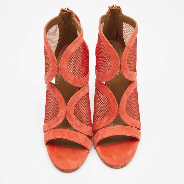 Pre Owned Aquazzura Coral Pink Suede and Mesh Cut Out Ankle Sandals Size 38.5