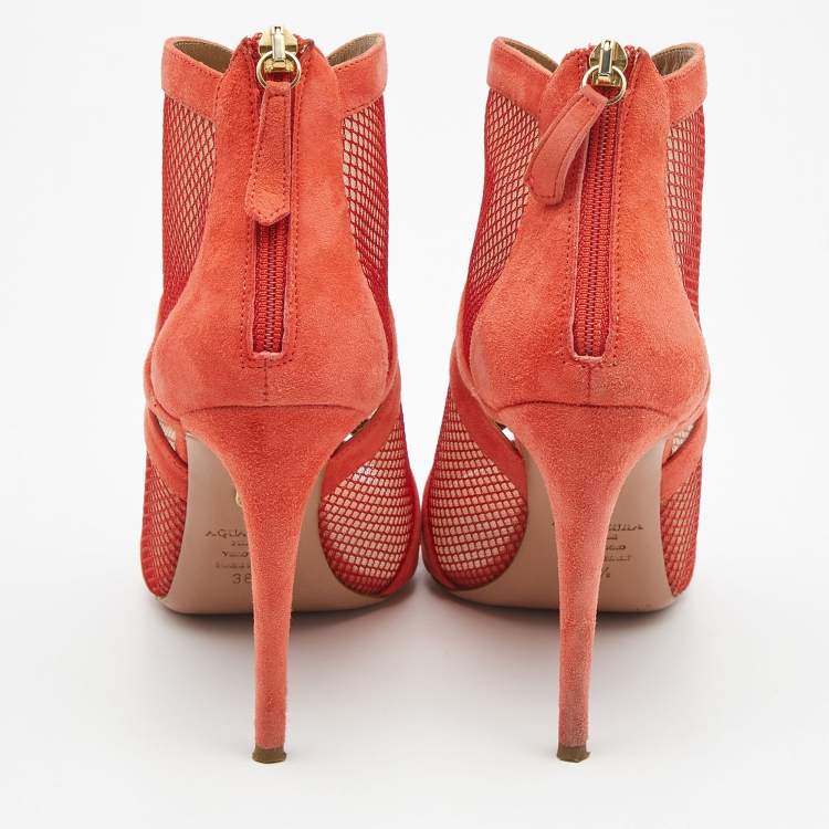 Pre Owned Aquazzura Coral Pink Suede and Mesh Cut Out Ankle Sandals Size 38.5