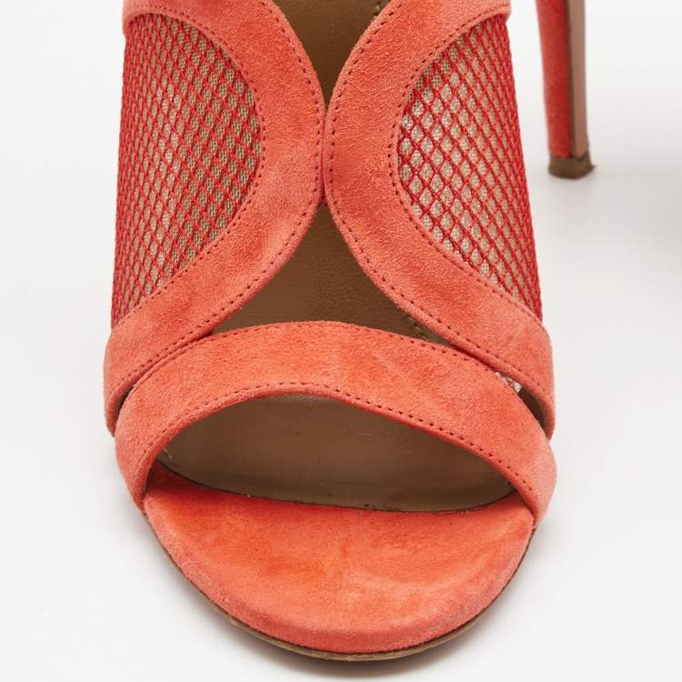 Pre Owned Aquazzura Coral Pink Suede and Mesh Cut Out Ankle Sandals Size 38.5