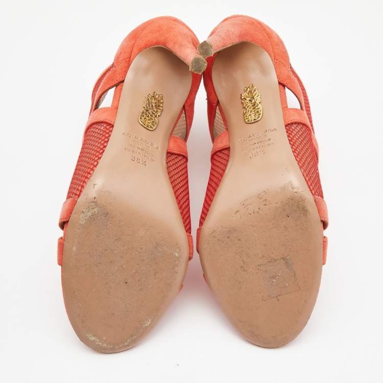 Pre Owned Aquazzura Coral Pink Suede and Mesh Cut Out Ankle Sandals Size 38.5