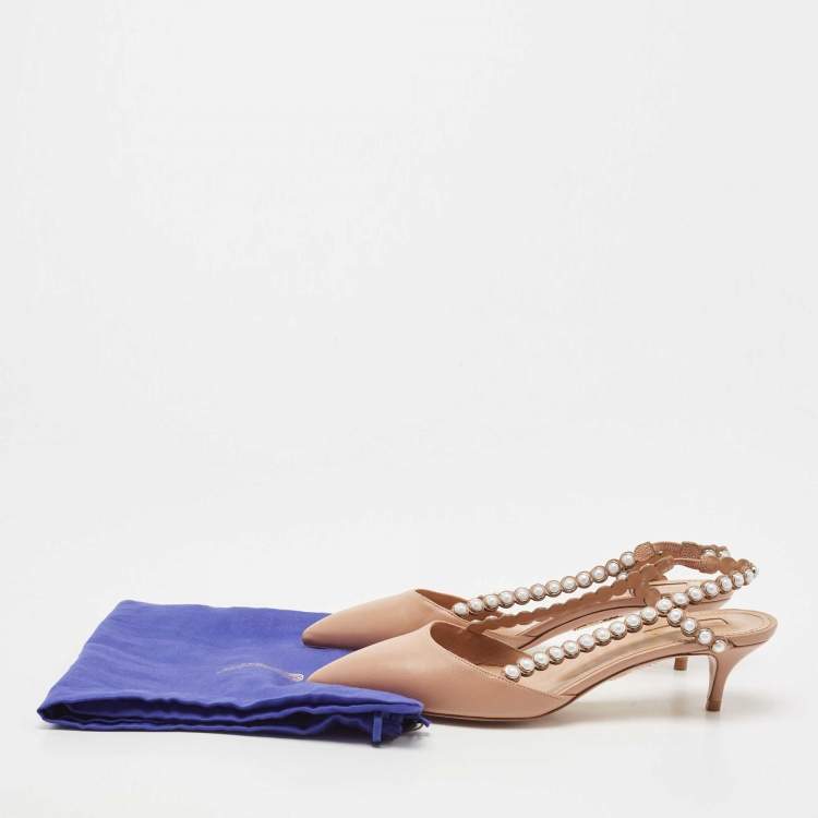 مملوكة مسبقًا Aquazzura Brown Leather Pearl Embellished Slingback Pumps Size 37