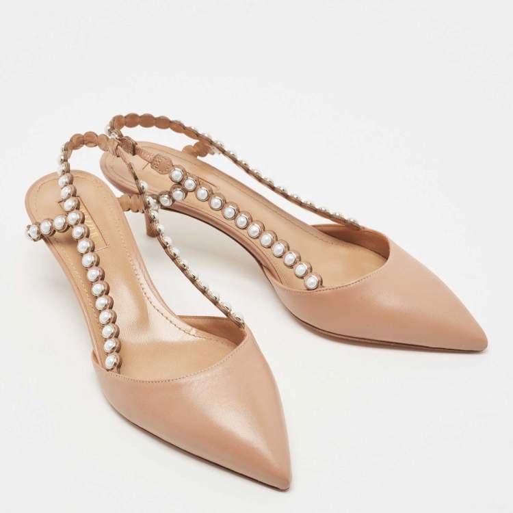 مملوكة مسبقًا Aquazzura Brown Leather Pearl Embellished Slingback Pumps Size 37