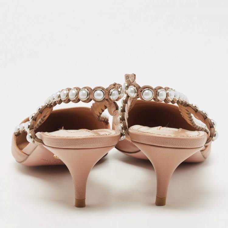 مملوكة مسبقًا Aquazzura Brown Leather Pearl Embellished Slingback Pumps Size 37