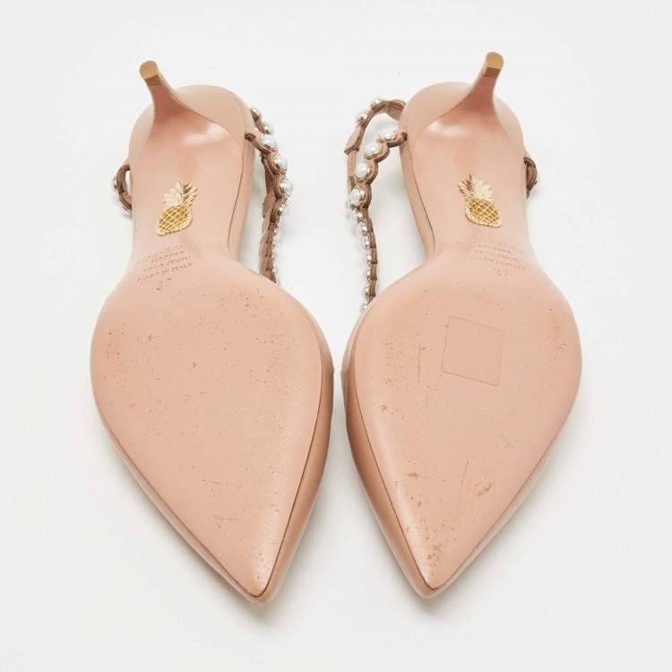 مملوكة مسبقًا Aquazzura Brown Leather Pearl Embellished Slingback Pumps Size 37