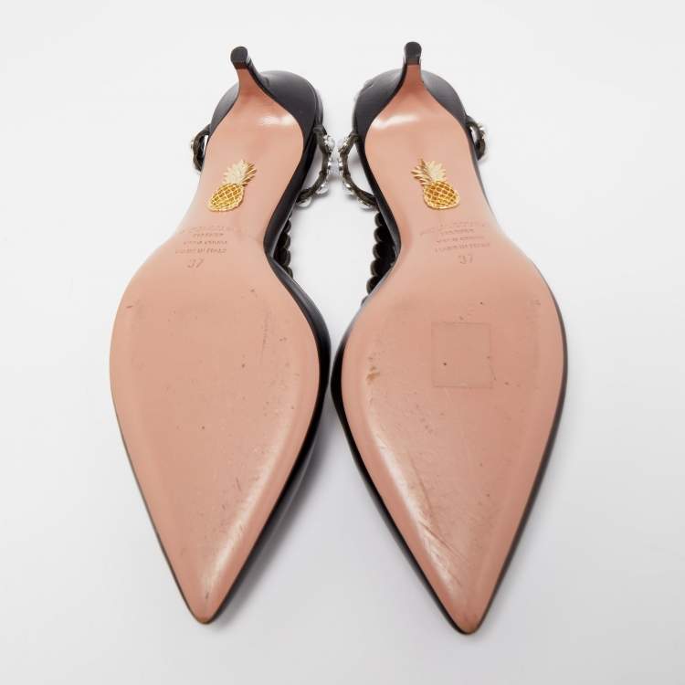 مملوكة مسبقًا Aquazzura Black Leather Pearl Embellished Slingback Pumps Size 37