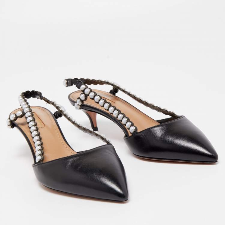 مملوكة مسبقًا Aquazzura Black Leather Pearl Embellished Slingback Pumps Size 37